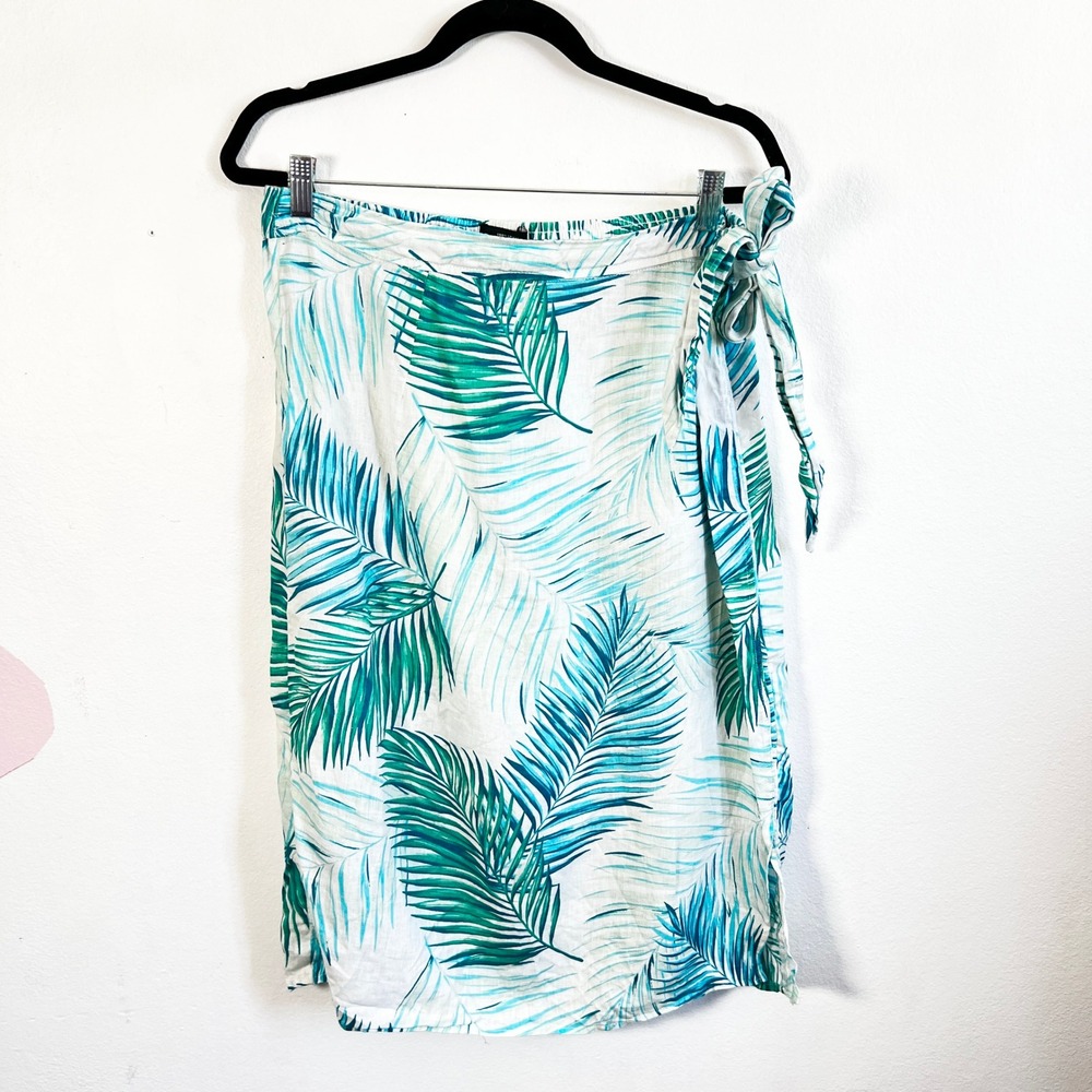 Tahari 100% Linen Skirt Women's Size XL Blue Green White Floral Tropical Beach